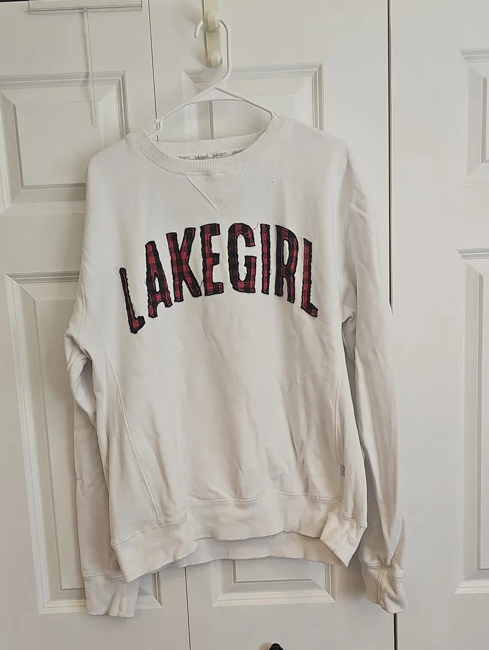LakeGirl White Crewneck Sweatshirt with Red Plaid Lettering - Picture 1 of 4